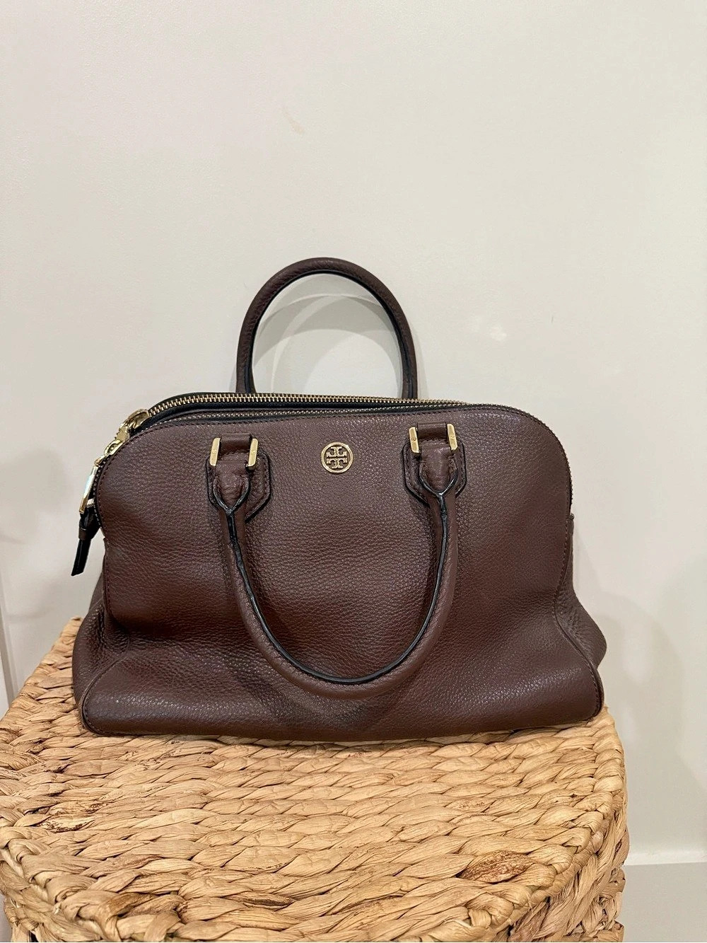 Tory Burch Georgia Pebbled Double-Zip Satchel Brown